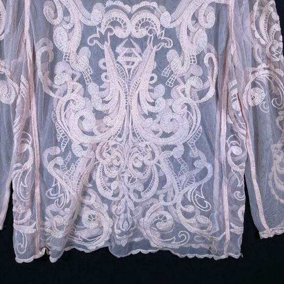 Express Womens Blouse Pink Lace Floral Mesh Sheer Long Sleeve Boat Neck Large - Picture 5 of 14